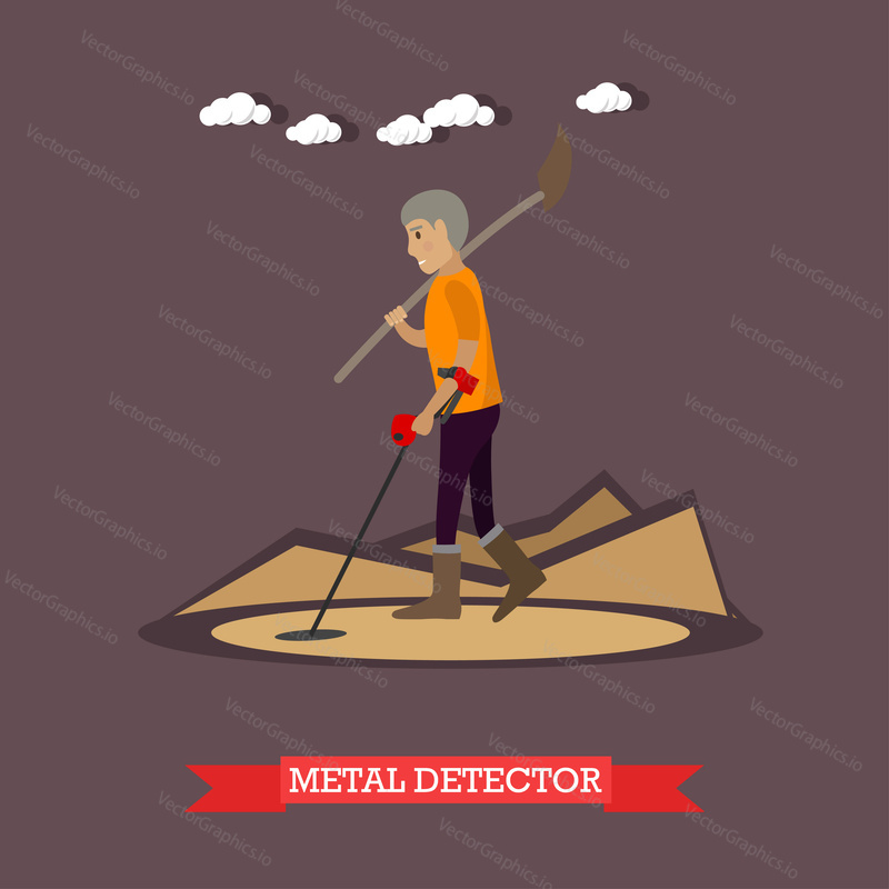 Vector illustration of archaeologist working at archaeological site. Metal detector concept design element in flat style.