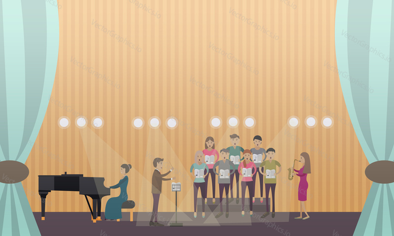 Vector illustration of choir with conductor performing on stage of concert hall with accompaniment of piano and saxophone. Flat style design.