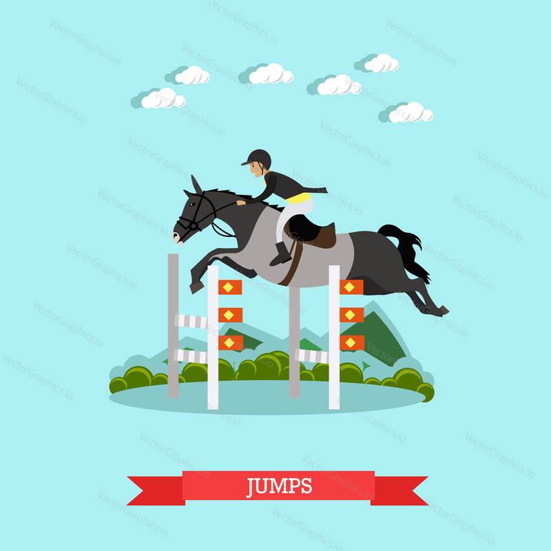 Vector illustration of gray race horse and man jockey in special clothing jumping over barrier. Jumps concept design element in flat style.