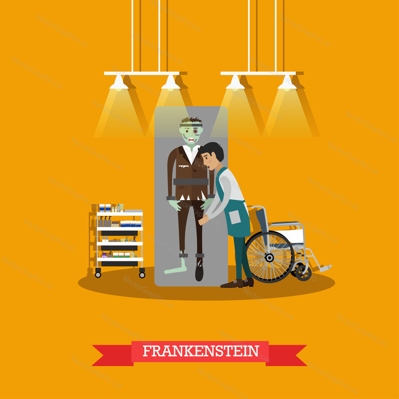 Vector illustration of episode from Frankenstein horror movie based on gothic novel by Mary Shelley. Flat style design element.
