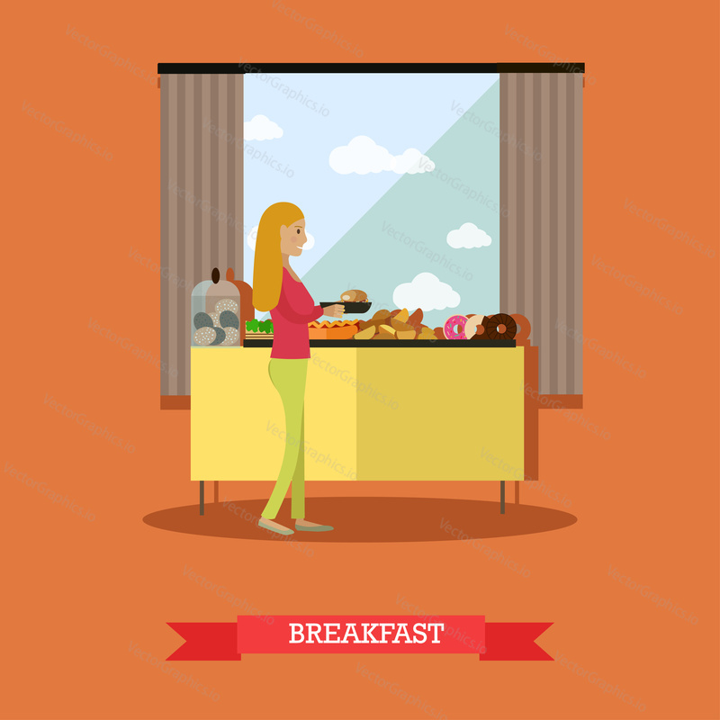 Buffet breakfast vector illustration. Trip to Egypt, hotel restaurant services concept flat style design element.