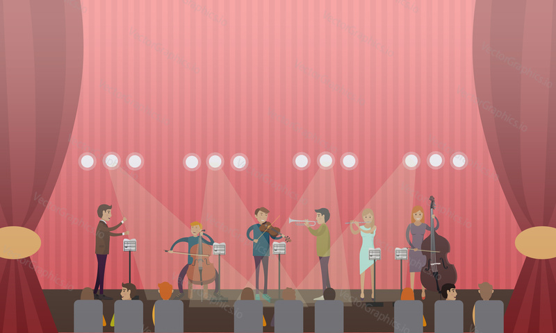 Vector illustration of symphony orchestra playing music on stage of concert hall. Conductor, violinist, bassist, trumpeter, flutist and audience flat style design elements.