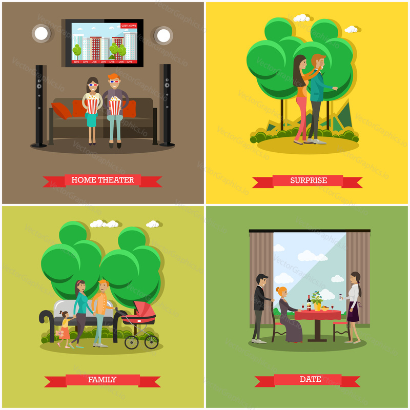 Vector set of happy loving couples posters. Home theater, Surprise, Family and Date flat style design elements.