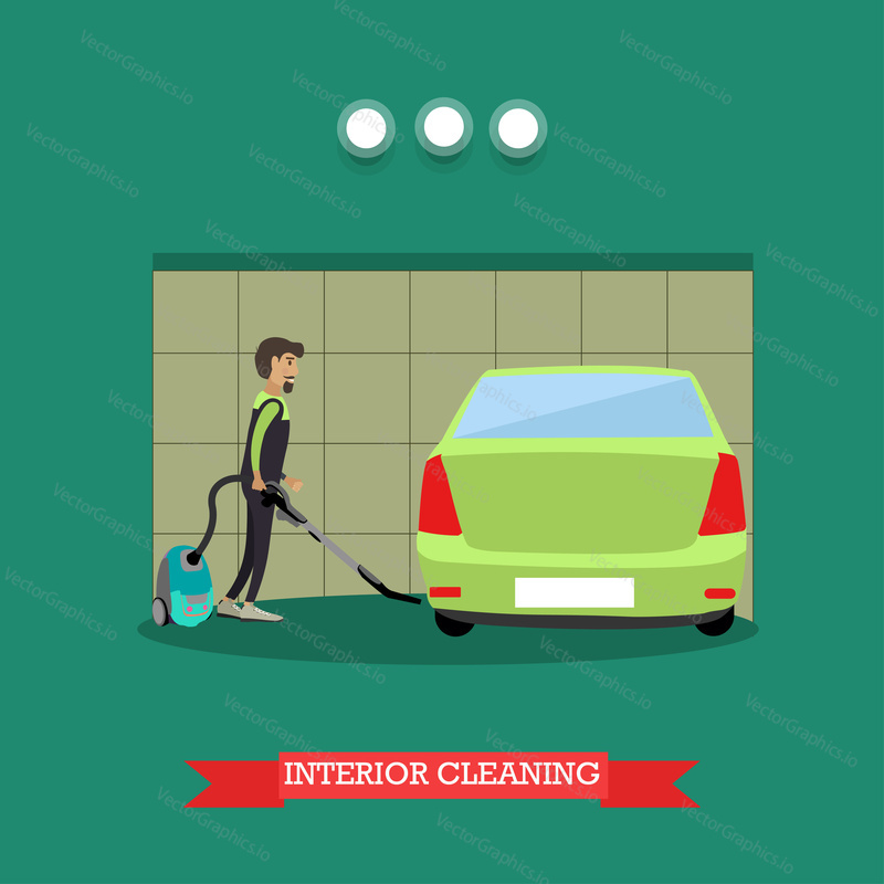 Очистка салона автомобиля векторная иллюстрация. Рабочий пользуется пылесосом. Услуги по ремонту автомобилей или услуги автомойки дизайн в плоском стиле.