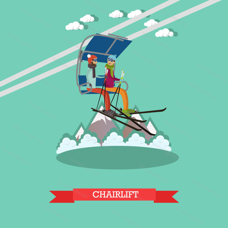 Vector illustration of young couple going up on ski lift. Downhill skiing, ski resort. Chairlift concept design element in flat style.