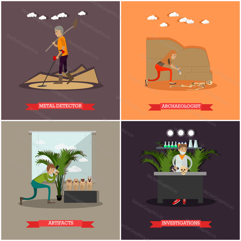 Vector set of archaeology concept posters. Metal detector, Archaeologist, Artifacts and Research design elements in flat style