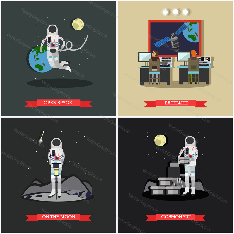 Vector set of space exploration posters, banners. Open space, Satellite, On the Moon and Cosmonaut concept design elements in flat style.