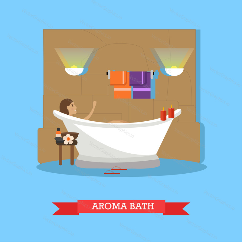 Vector illustration of young woman enjoying aroma bath procedures. Spa salon service concept design element in flat style.