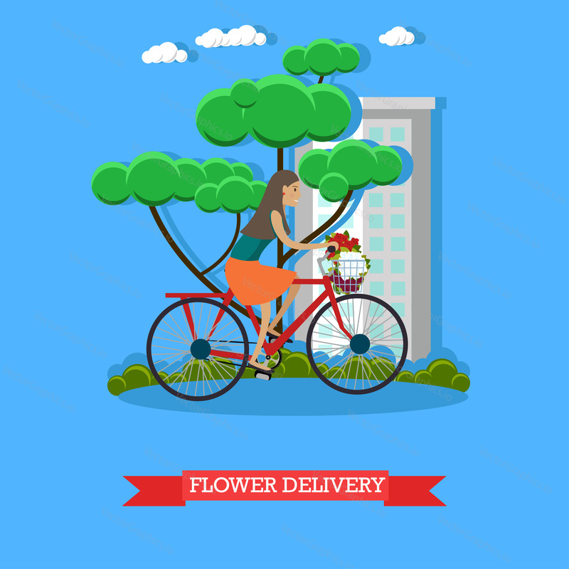 Vector illustration of delivery woman delivering bouquet of flowers by bicycle. Flower delivery courier flat style design element.