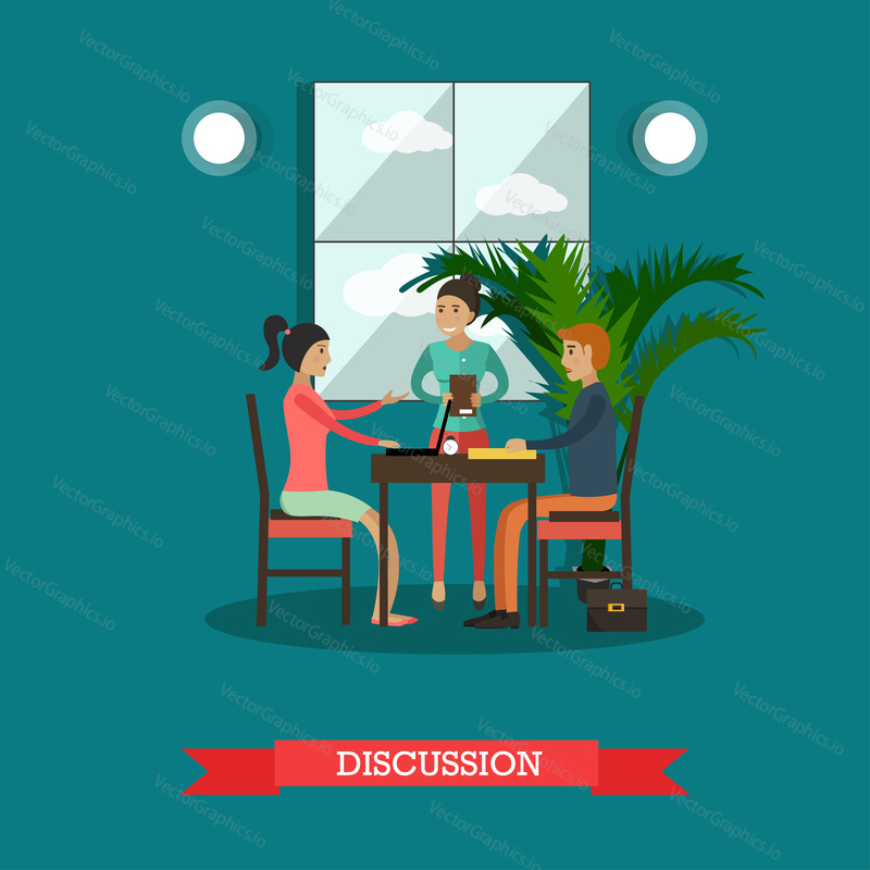 Vector illustration of group of students sitting at table and talking to each other. Young people chatting and using gadgets. Discussion concept design element in flat style.