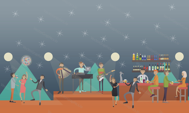 Party club vector illustration. People dancing to live music and having fun concept design element in flat style.
