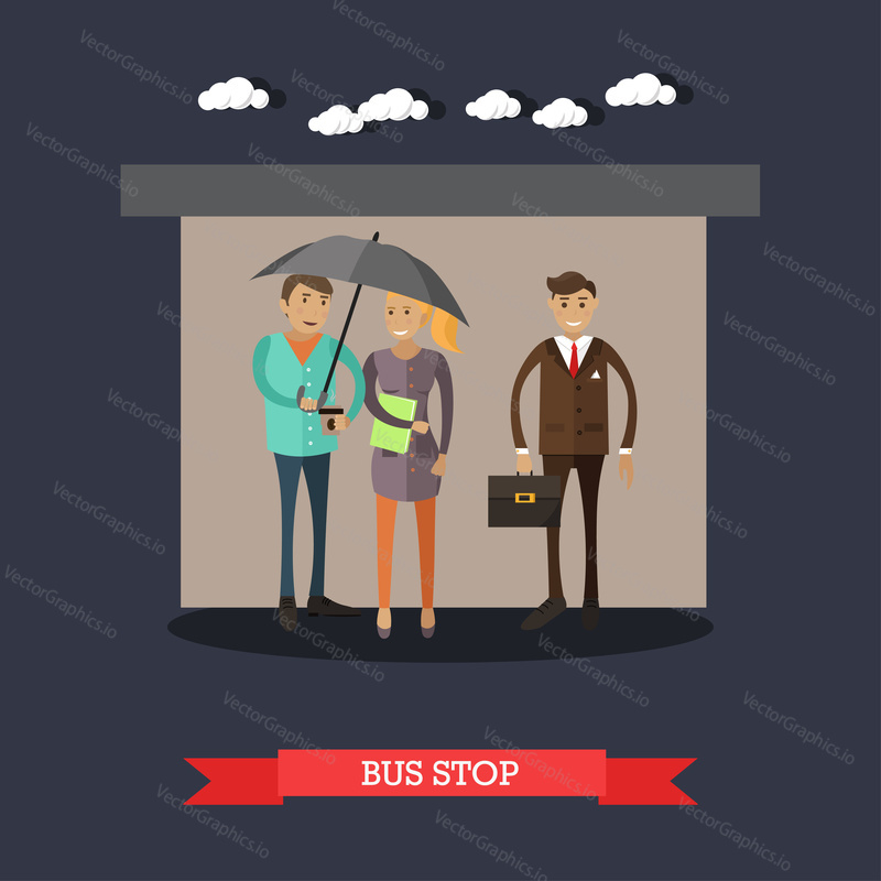 Bus stop concept vector illustration in flat style. People hiding from rainy weather at bus stop, waiting for bus.
