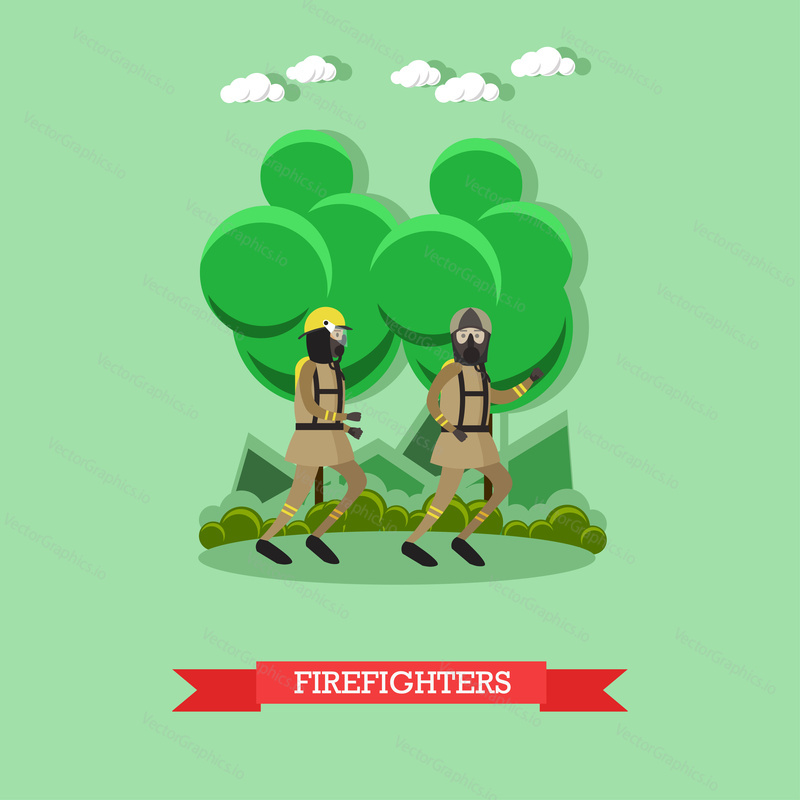 Vector illustration of running firefighters in protective clothing, helmets and masks. Flat style design.
