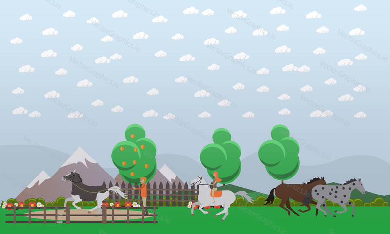 Vector illustration of man and woman taming and training wild animals, galloping brown and dappled horses. Free horses flat style design.