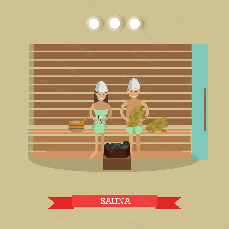 Vector illustration of young couple enjoying steam sauna. Spa procedures concept design element in flat style.