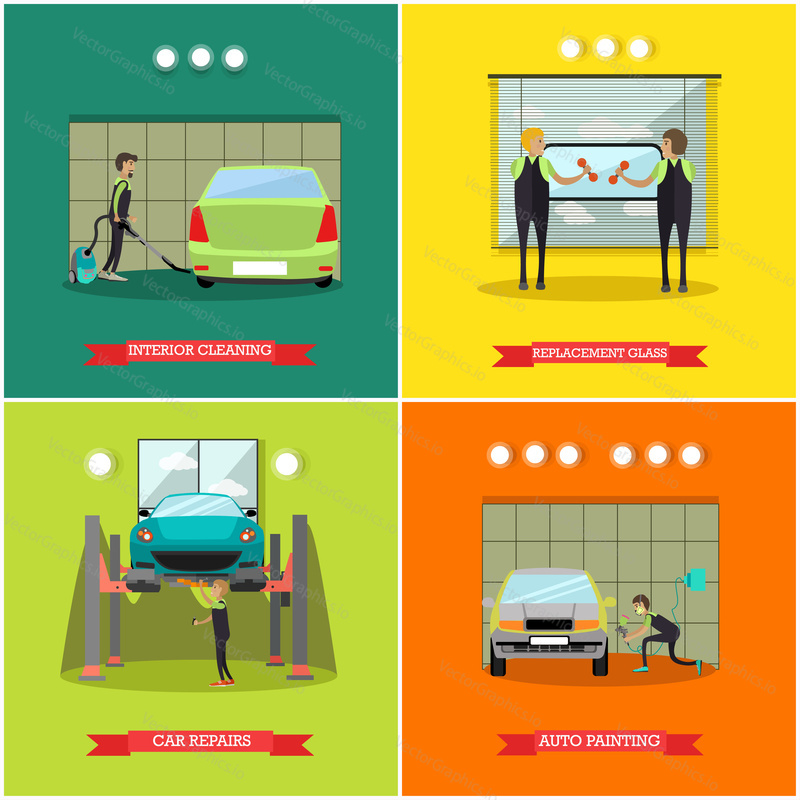 Vector set of car service station, repair shop posters, banners. Interior cleaning, Replacement glass, Car repairs and Auto painting concept flat style design elements.