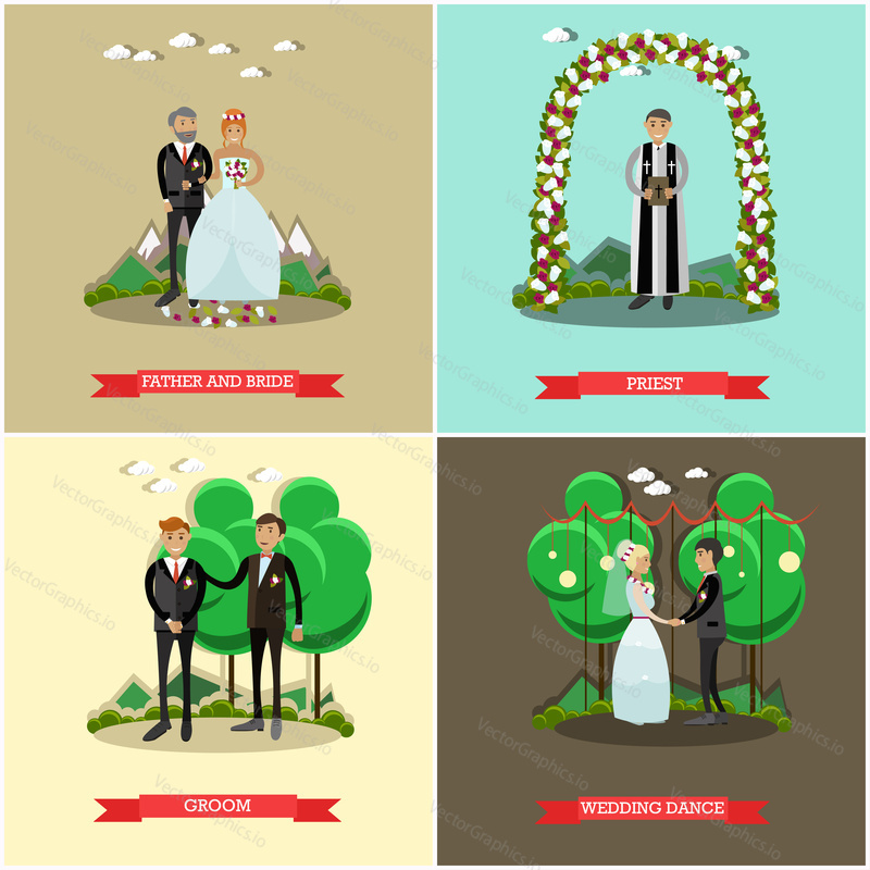 Vector set of wedding ceremony posters. Father and bride, Priest, Groom and Wedding dance flat style design elements.