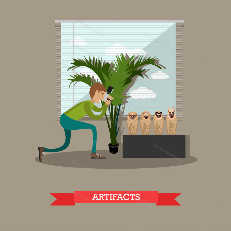 Vector illustration of archaeologist, scientist photographer taking photo of found artifacts of ancient Egypt figurines Ushabti. Artifacts concept design element in flat style.