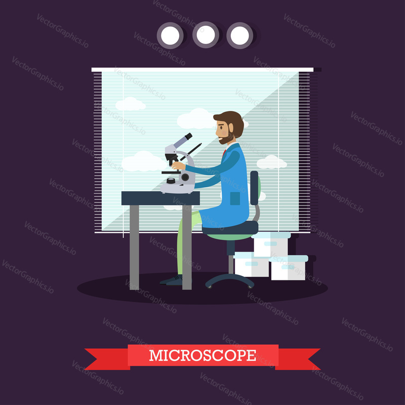 Vector illustration of scientist male looking through microscope, investigating objects. Laboratory interior and equipment design element in flat style.