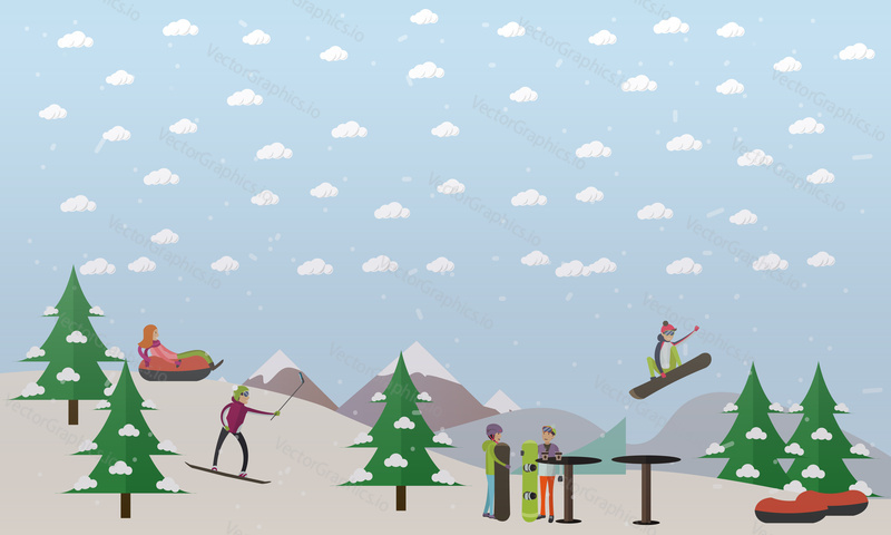 Векторная иллюстрация трассы для скоростного спуска на сноуборде, лыжах и тюбингах. Альпийский горнолыжный склон. Элемент дизайна в стиле заснеженной горной равнины.