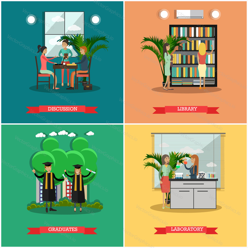 Vector set of university posters. Discussion, Library, Graduates and Laboratory flat style design elements.