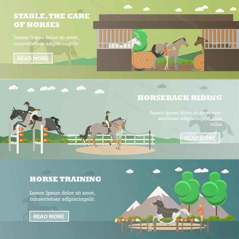 Vector set of riding horizontal banners. Stable. The care of horses, Horseback riding and Horse training flat style design elements.