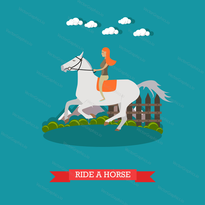 Vector illustration of young woman riding white graceful horse. Ride a horse concept design element in flat style.