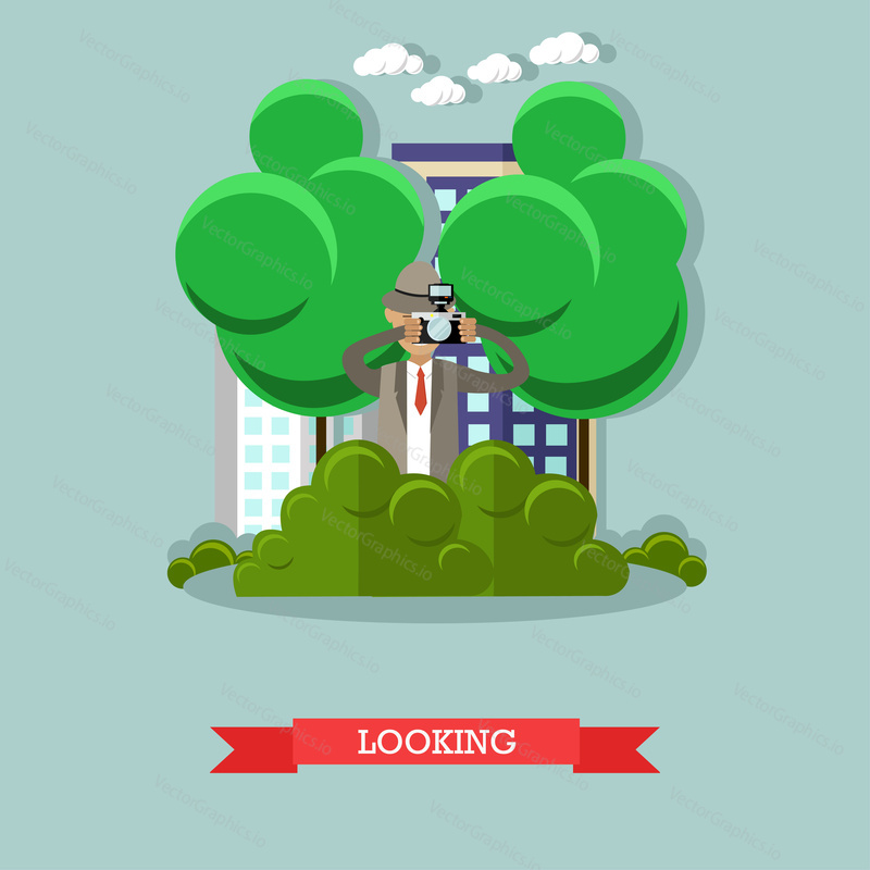 Vector illustration of detective looking out for someone and taking photos. Secret observation flat style design element.