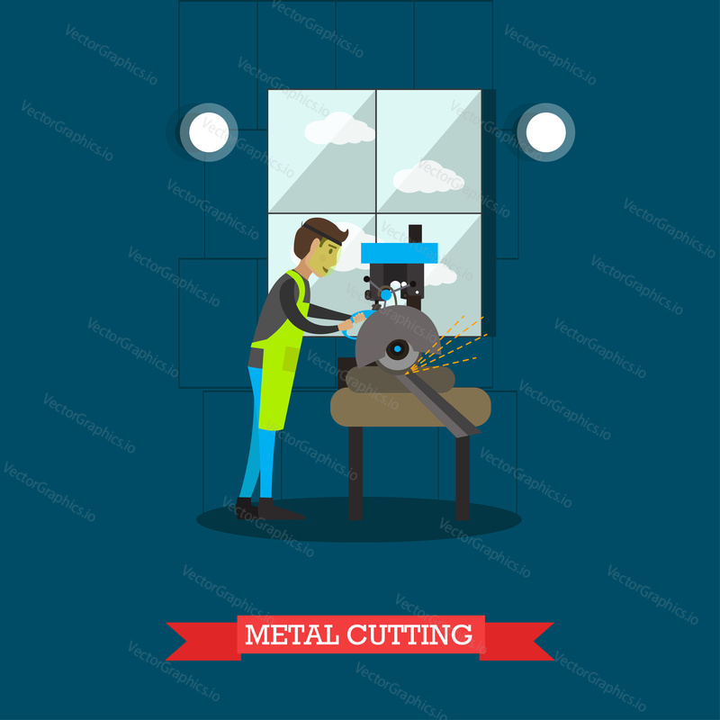 Vector illustration of factory worker using metal cutting tools. Metalworking, mechanic concept design element in flat style.