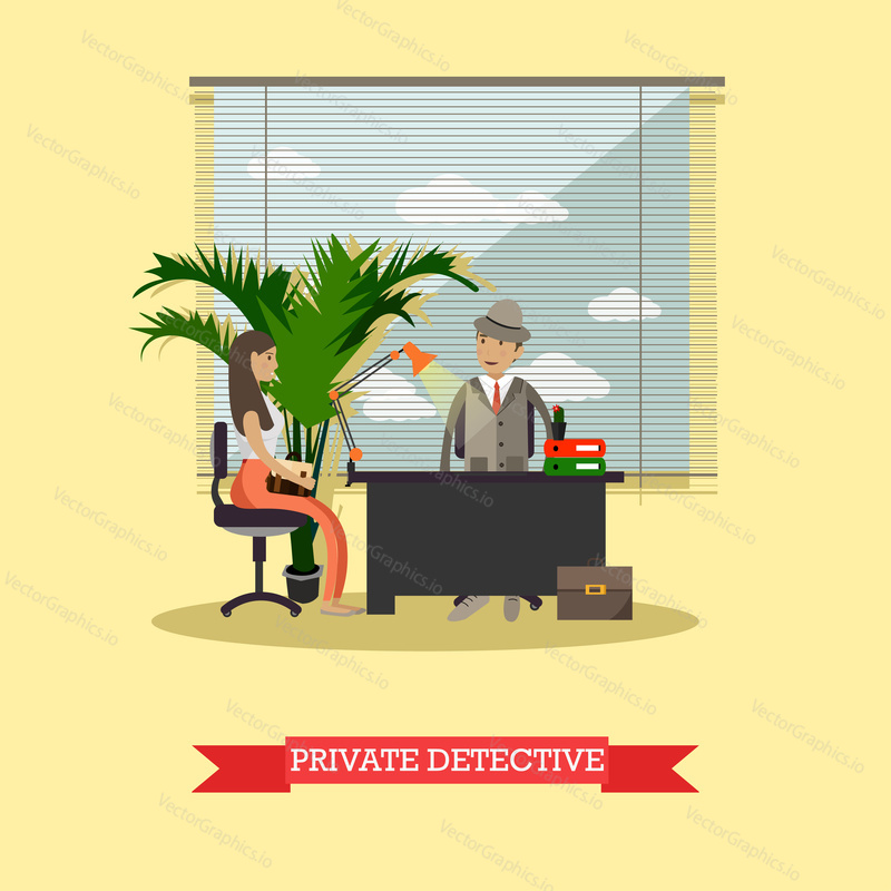 Vector illustration of detective working at office with his client young lady. Detective agency interior. Private detective flat style design element.