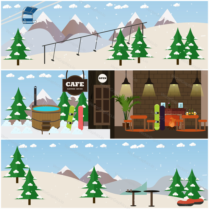 Vector set of winter fun interior posters, banners. Ski resort with cafe, ski slope, chairlift and rope tow, vat. Flat style design elements.