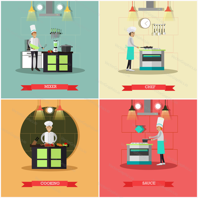 Vector set of kitchen posters, banners. Mixer, Chef, Cooking and Sauce flat style design elements.