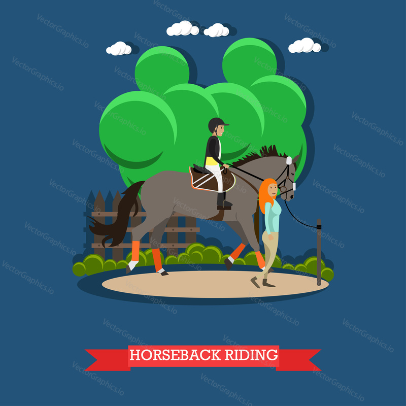 Vector illustration of boy riding gray horse with instructor young woman. Horseback riding concept design element in flat style.