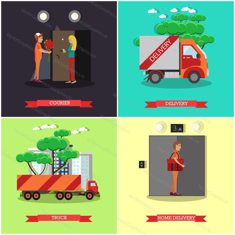 Vector set of delivery posters. Courier, Delivery, Truck and Home delivery flat style design elements.