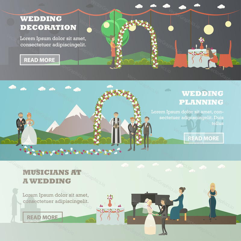 Vector set of wedding horizontal banners. Wedding decoration, Wedding planning and Musicians at a party flat style design elements.