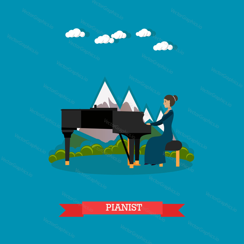 Vector illustration of musician female playing piano. Pianist playing music on outdoors holiday event flat style design element.