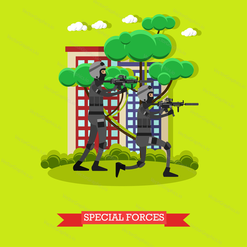 Vector illustration of special forces with rifles wearing special uniform and helmets. Combating crime concept flat style design.