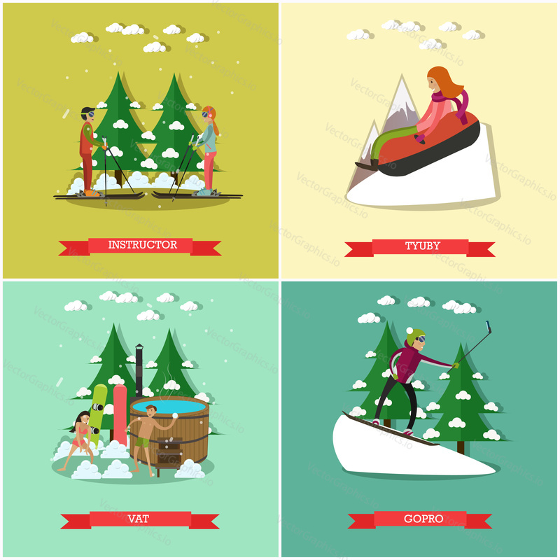 Vector set of winter fun posters. Ski instructor, Tubing, Vat and Gopro flat style design elements.