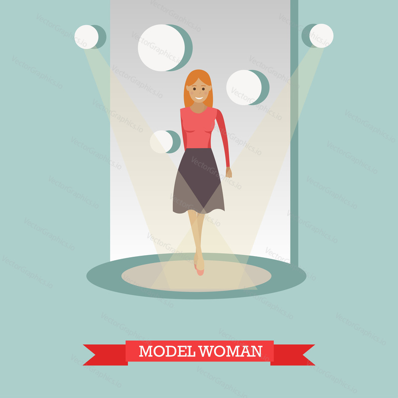 Vector illustration of young woman in casual clothes walking down catwalk to demonstrate clothes in fashion show. Fashion model concept design element in flat style.