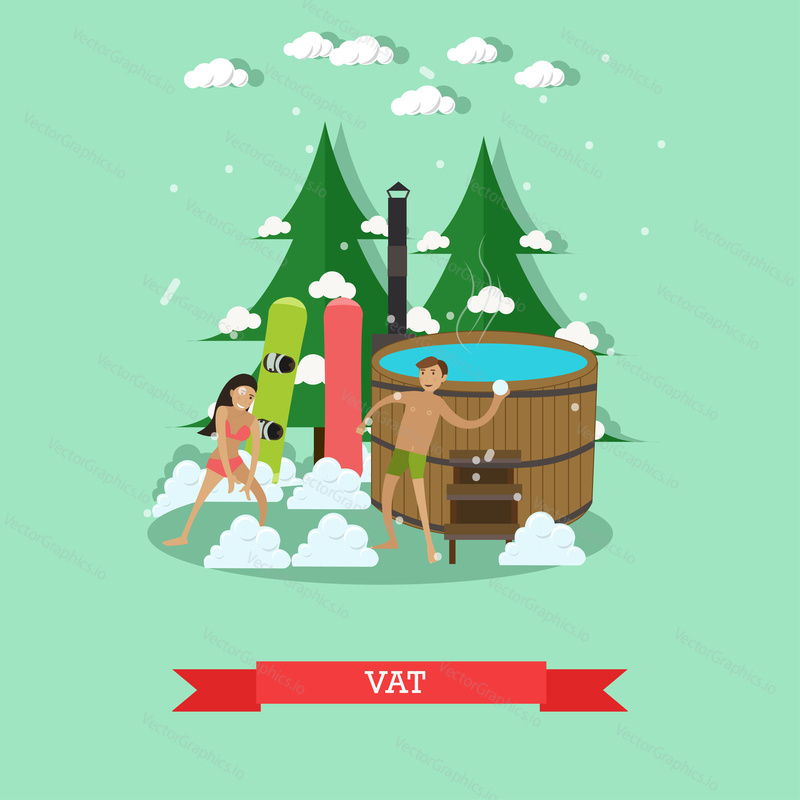 Vector illustration of wooden barrel vat with hot water, young couple snowboarders in swimsuits playing snowballs. Outdoors winter fun design element in flat style.
