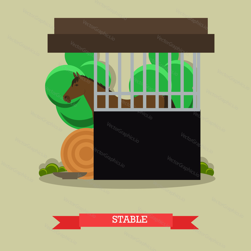 Vector illustration of stable or horse breeding farm with chestnut horse and haystack. Flat style design element.