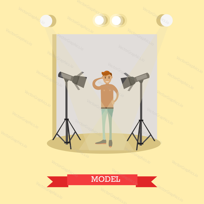 Vector illustration of young man in casual clothes working as a model at fashion show flat style design element.