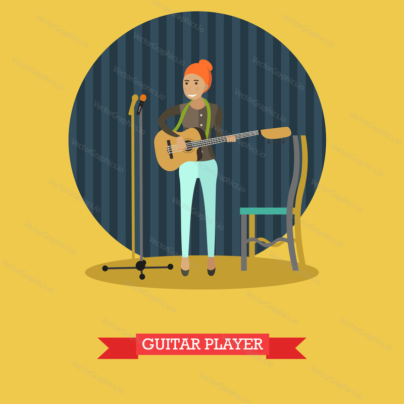 Vector illustration of musician young woman playing guitar. Guitar player with string musical instrument flat style design element.