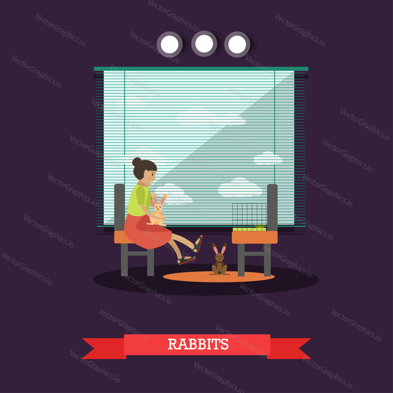 Vector illustration of girl playing with rabbits. Pet shop interior, game zone. Flat style design elements.