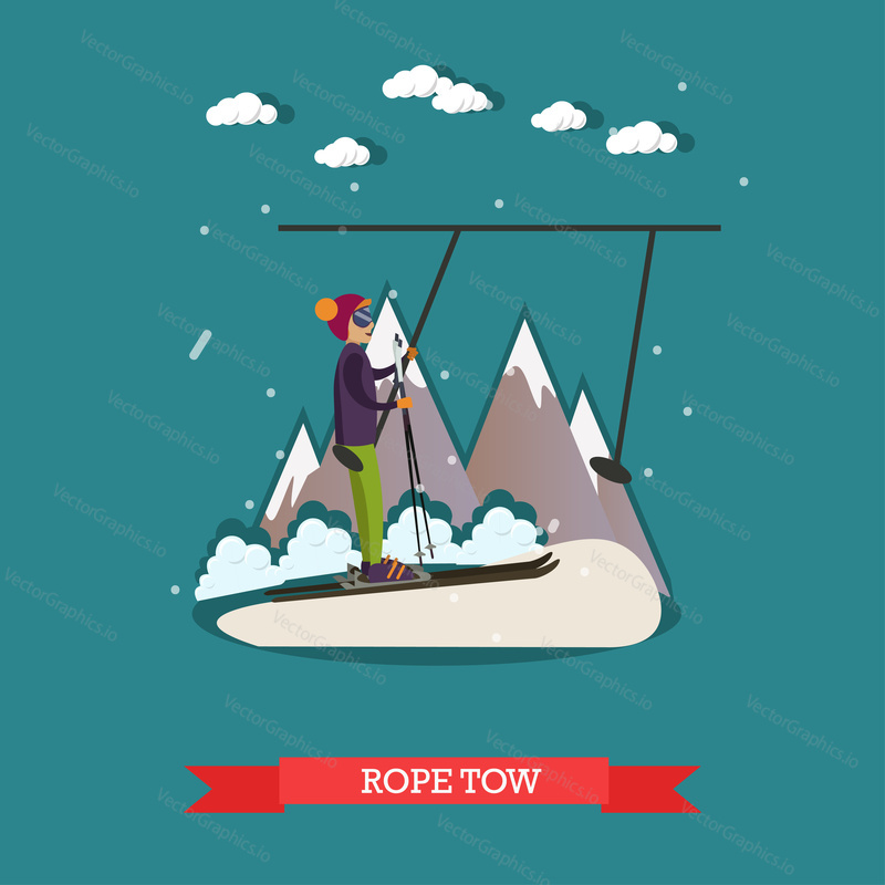 Vector illustration of young man going up on ski tow. Downhill skiing, ski resort. Rope tow concept design element in flat style.
