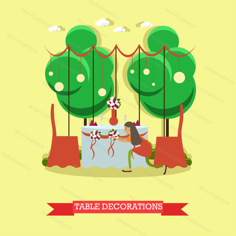 Vector illustration of woman decorating wedding table for outdoors wedding party. Flat style design element.