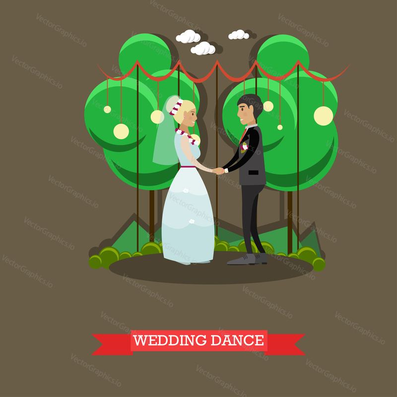 Vector illustration of newly married couple dancing. Wedding dance flat style design element.