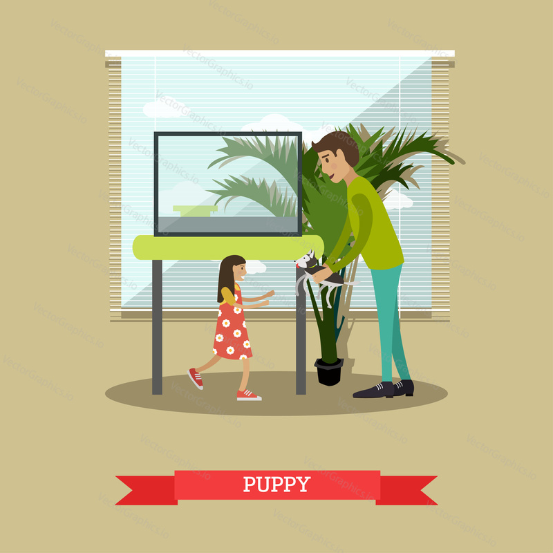 Vector illustration of man buying a puppy for her daughter. Pet shop interior, happy kid and happy father flat style design elements.