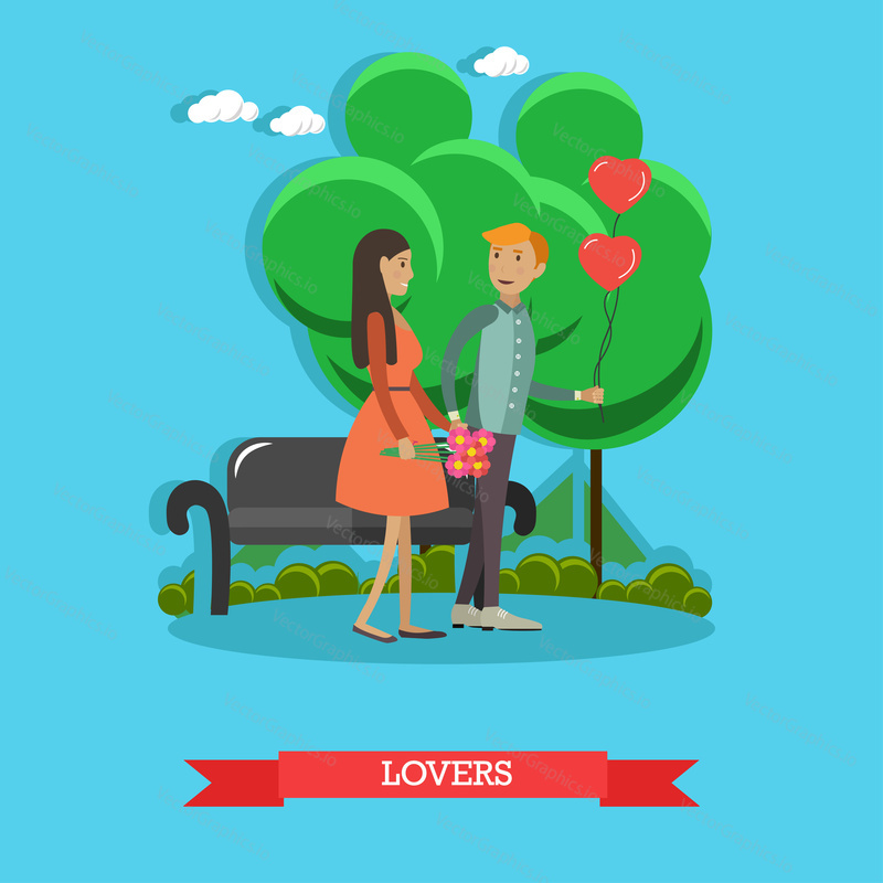 Vector illustration of happy loving couple having got a date. Sweethearts walking in the park flat style design element.