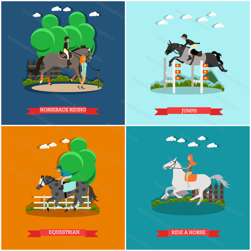 Vector set of horse concept posters. Horseback riding, Jumps, Equestrian and Ride a horse flat style design elements.